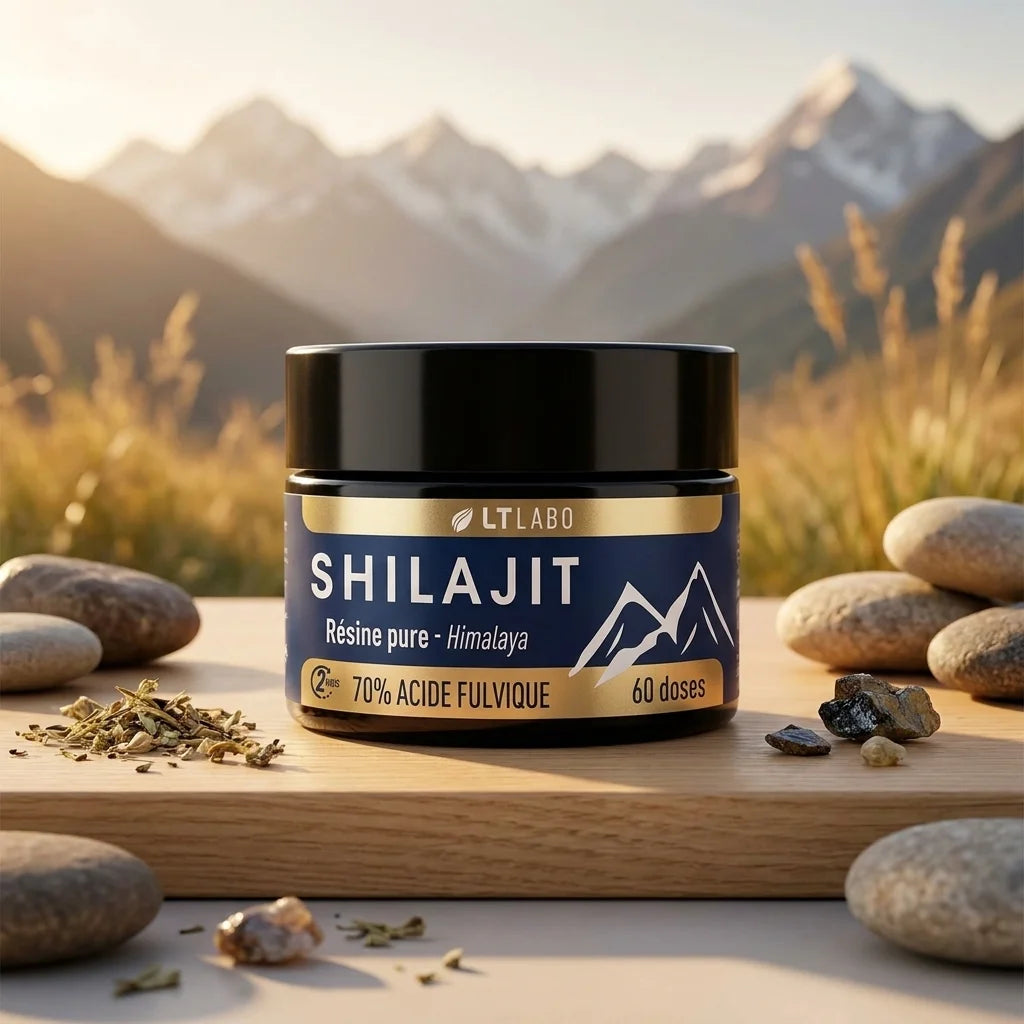 Shilajit résine LT Labo 70% acide fulvique 30g sur fond montagneux avec éléments naturels