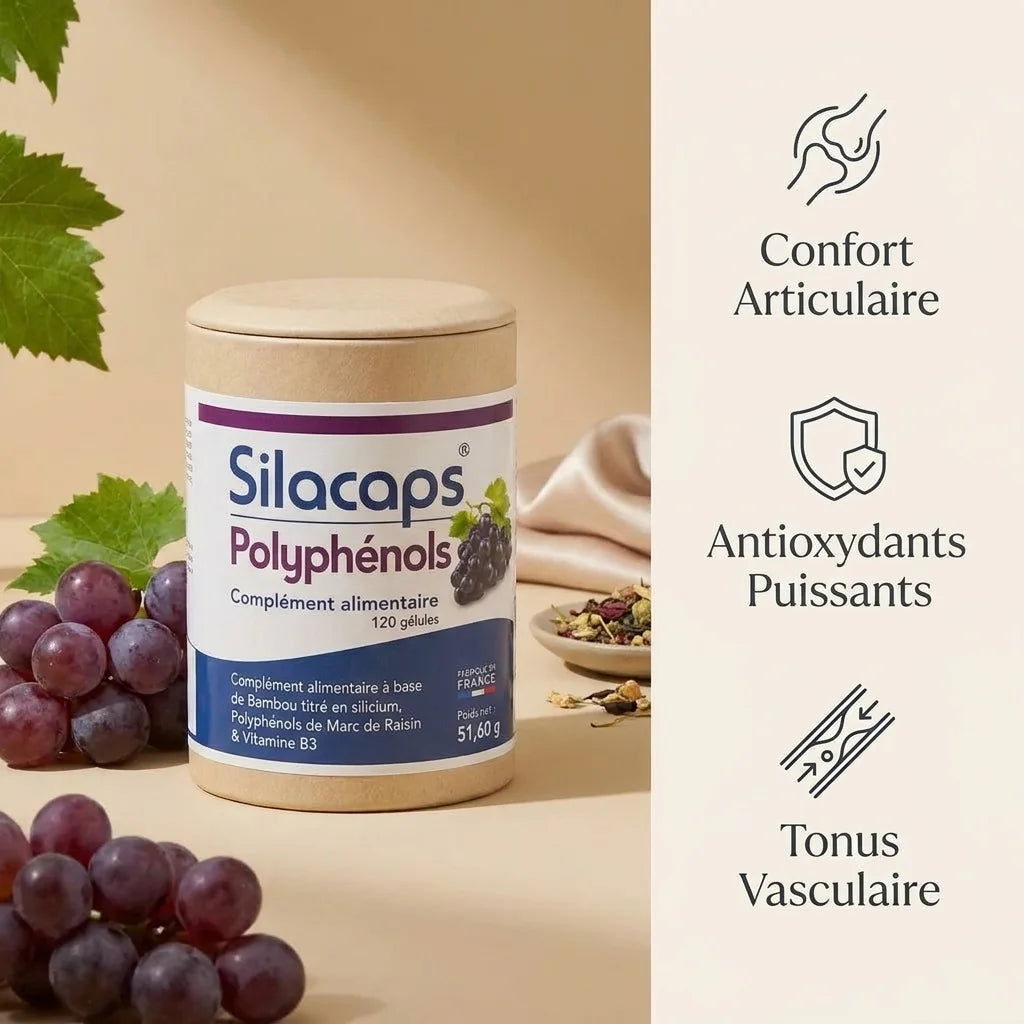 Silacaps Polyphénols gélules avec raisin frais, bénéfices santé et packaging premium
