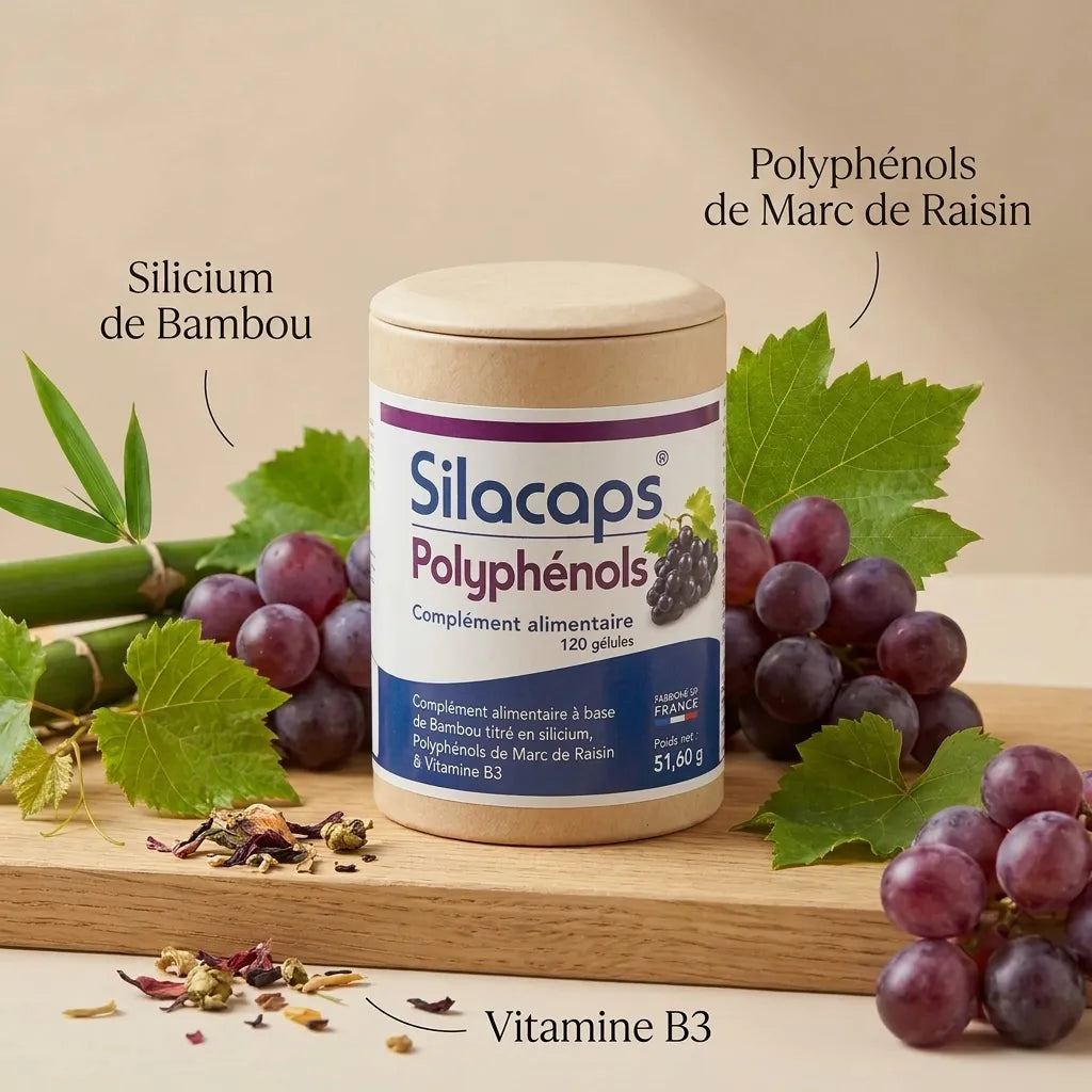 Silacaps Polyphénols gélules avec raisins frais, feuilles et fleurs d'hibiscus sur plateau bois