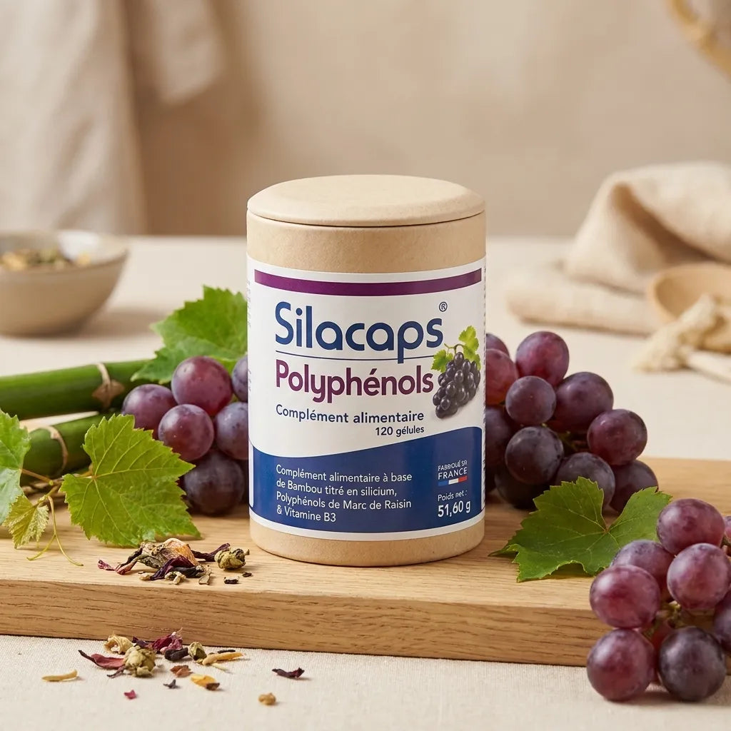 Bouteille Silacaps Polyphénols avec raisins frais et feuilles vertes sur surface bois wellness