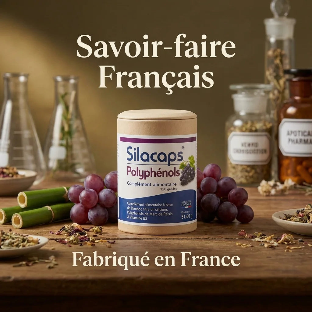 Silacaps Polyphénols gélules en bouteille, ingrédients naturels, fabrication française artisanale