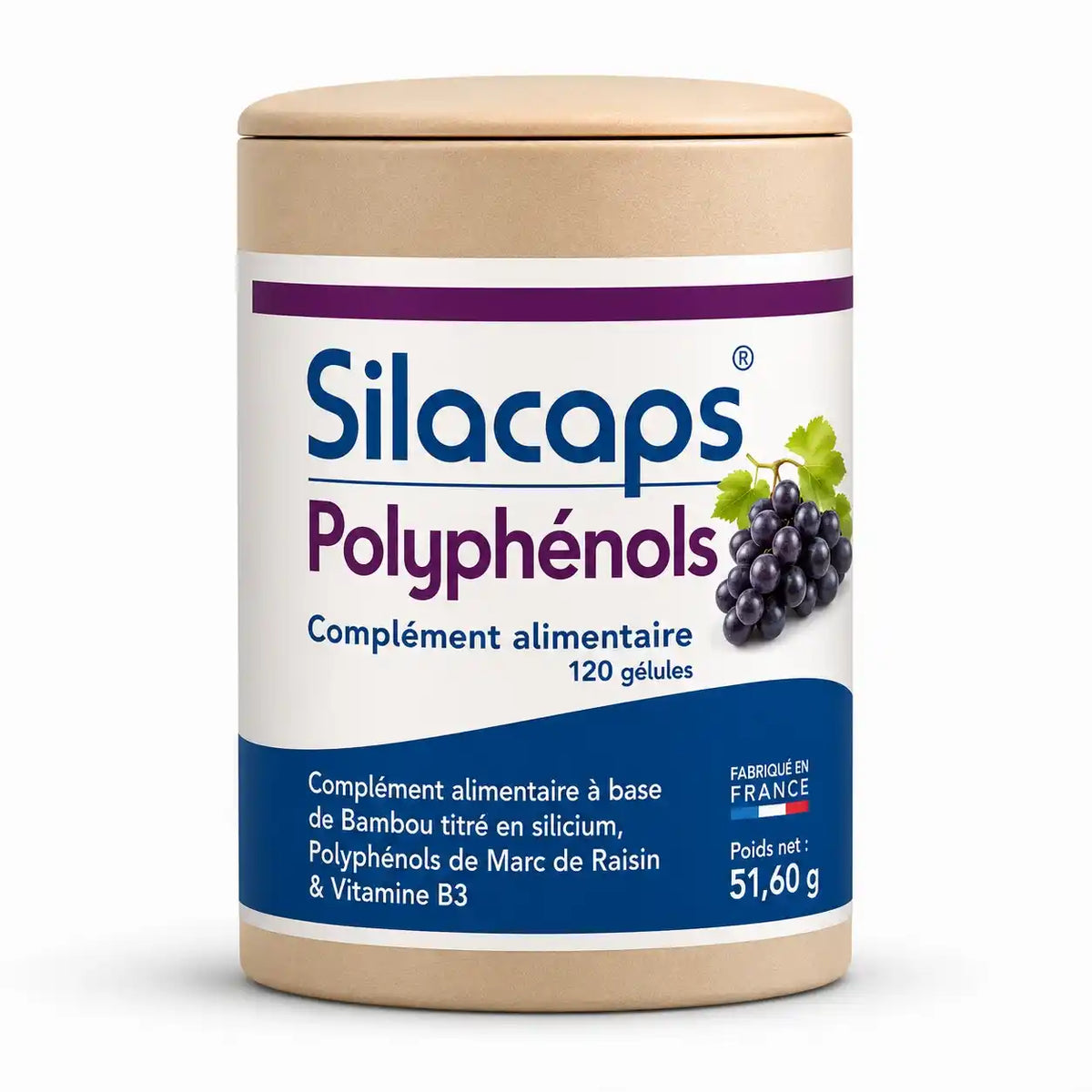 Flacon Silacaps Polyphénols en gélules sur fond blanc, packaging officiel visible