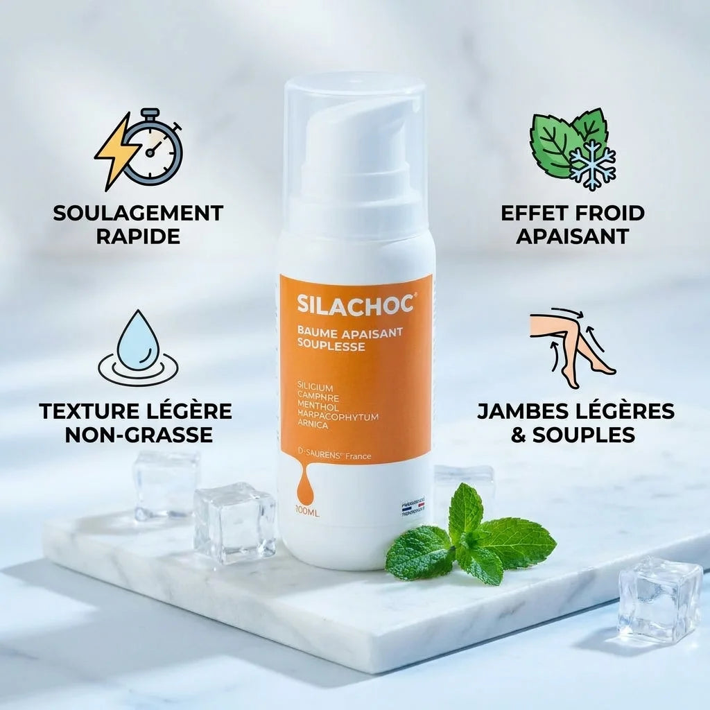 Silachoc Gel Contre-Coup baume apaisant avec bénéfices : soulagement rapide, effet froid, texture légère, jambes souples