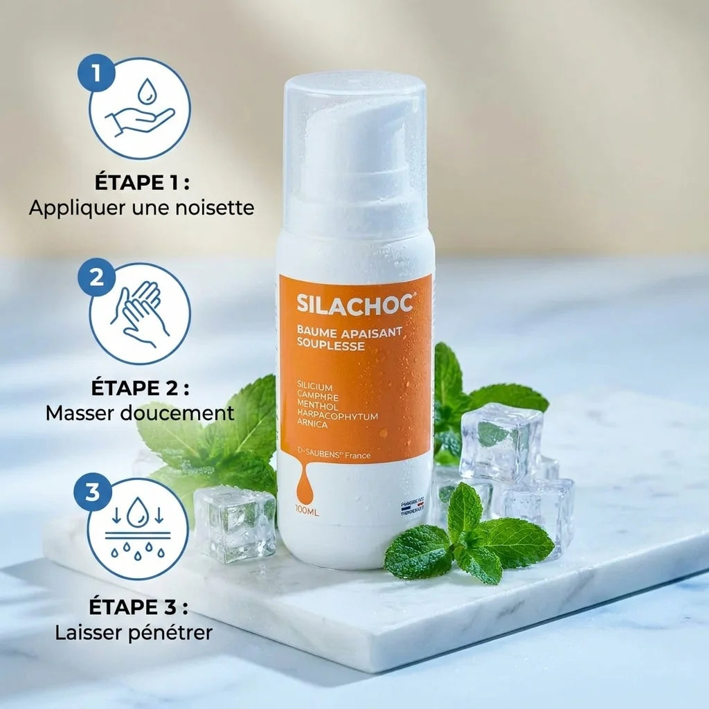 Silachoc Gel Contre-Coup baume apaisant avec guide d'application en 3 étapes : appliquer, masser, laisser pénétrer