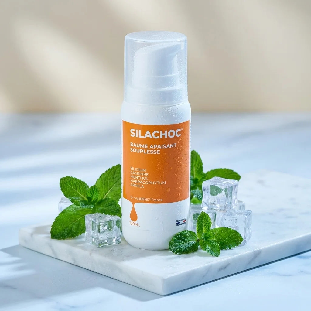 Silachoc Gel Contre-Coup baume apaisant sur marbre blanc avec menthe fraîche et glaçons