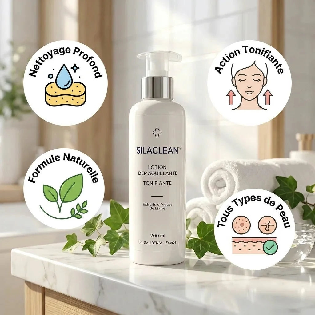 SILACLEAN lotion démaquillante tonifiante avec icônes bénéfices et ingrédients naturels