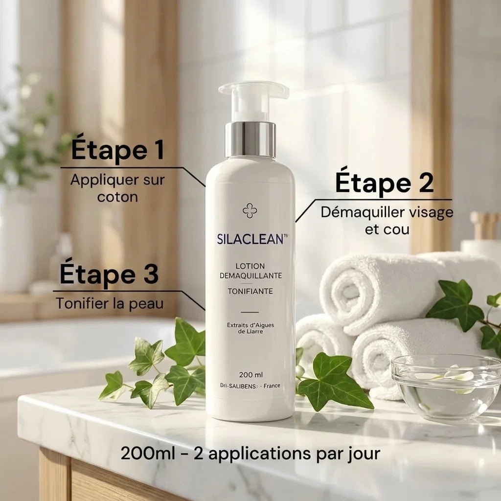 SILACLEAN lotion démaquillante tonifiante 200ml avec guide d'application en 3 étapes