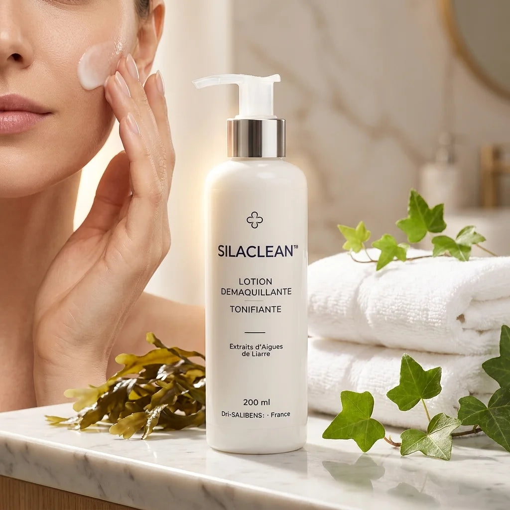 SILACLEAN® lotion démaquillante appliquée sur le visage d'une femme à la salle de bain