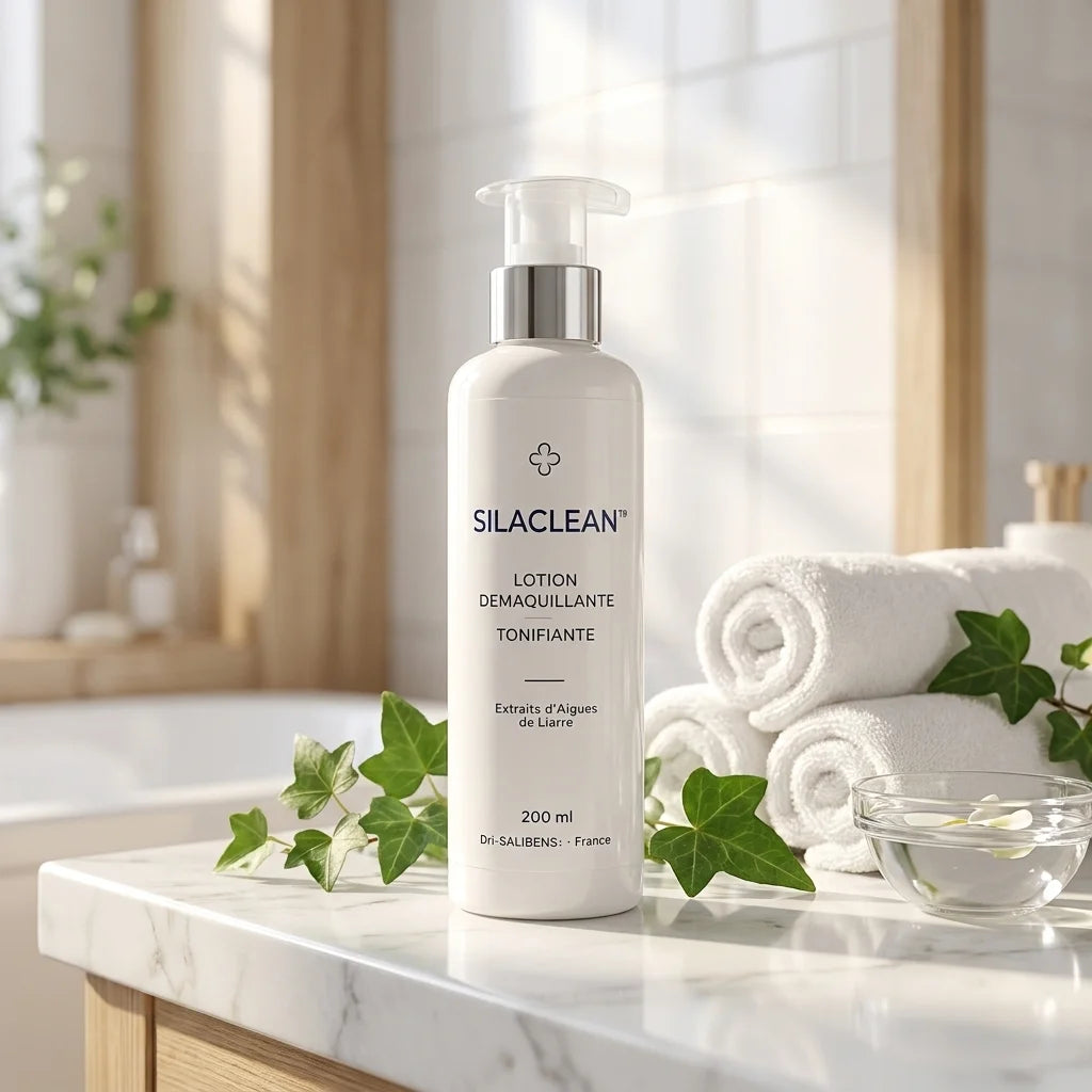 SILACLEAN® lotion démaquillante tonifiante flacon pompe chrome sur vanité marbre spa