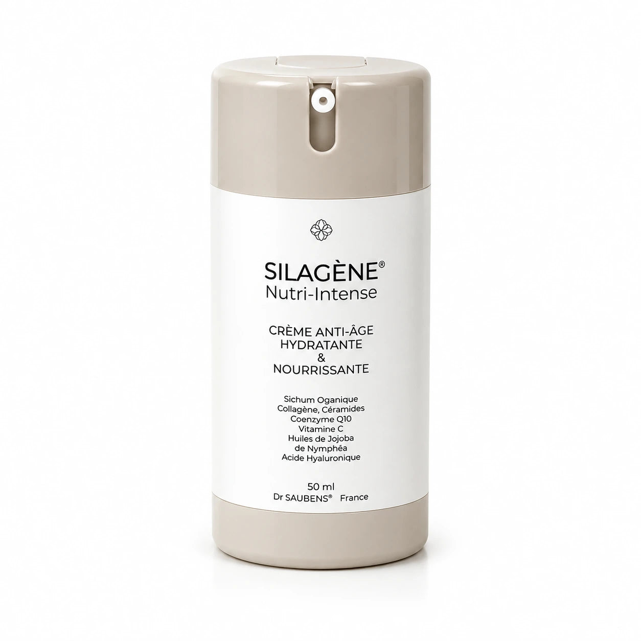 SILAGÈNE Nutri-Intense crème en flacon pompe airless, fond blanc, produit cosmétique