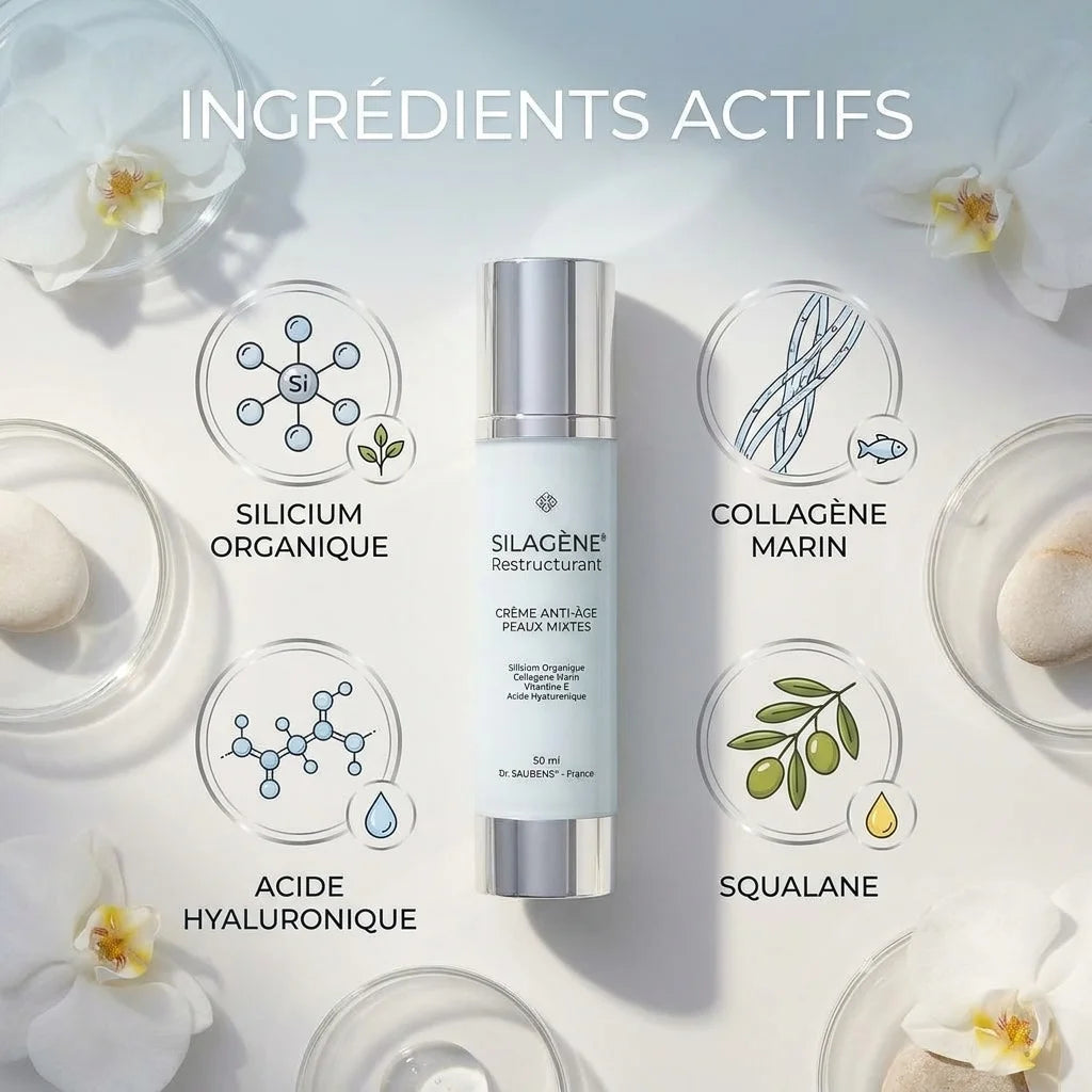 SILAGENE® Restructurant crème anti-âge avec ingrédients actifs silicium organique collagène marin acide hyaluronique squalane