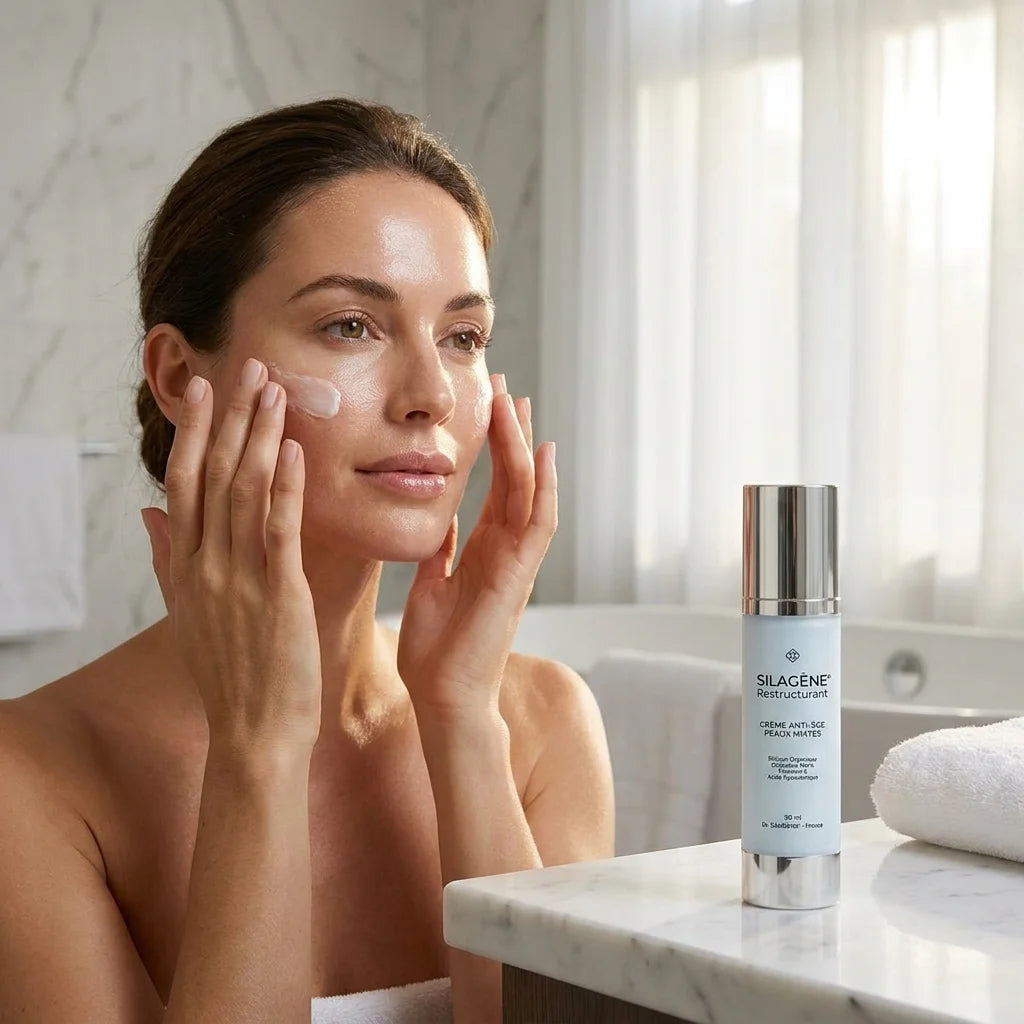 SILAGENE® Restructurant en flacon appliqué sur le visage d'une femme, massage des pommettes, résultat radieux