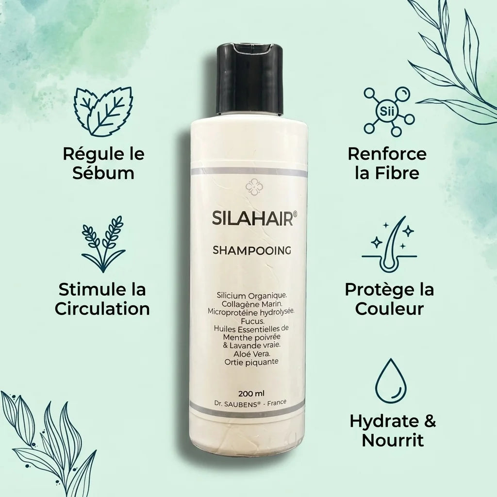 Silahair Shampooing flacon 200ml avec icônes bénéfices : sébum, fibre, circulation, couleur