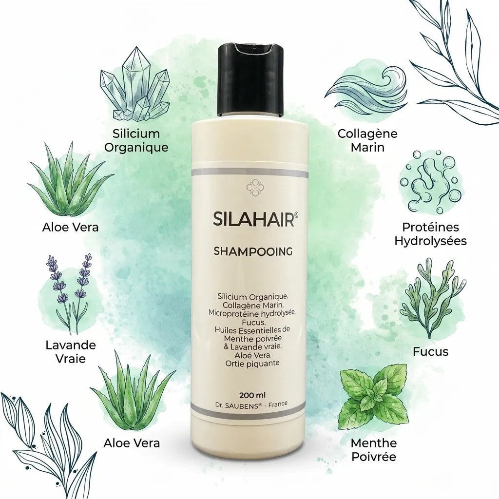 Flacon Silahair Shampooing avec ingrédients naturels : silicium, collagène marin et extraits botaniques