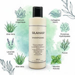 Flacon Silahair Shampooing avec ingrédients naturels : silicium, collagène marin et extraits botaniques