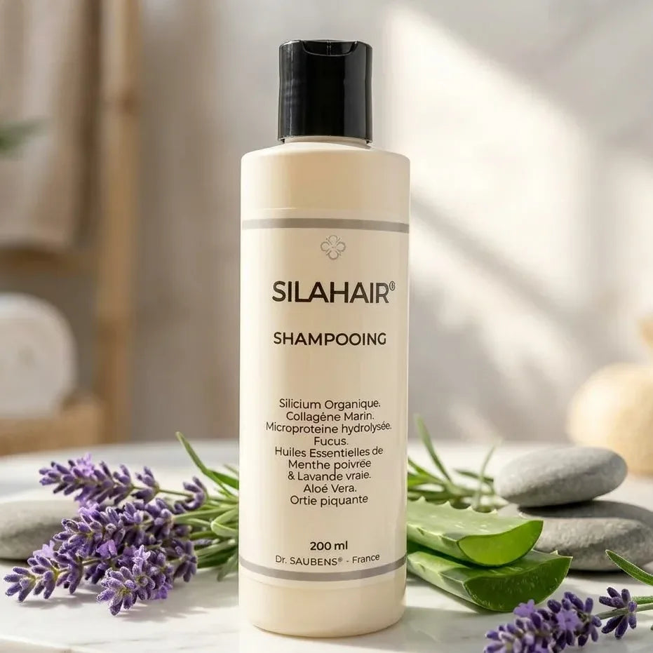 Flacon Silahair Shampooing entouré de lavande et pierre, ambiance spa wellness