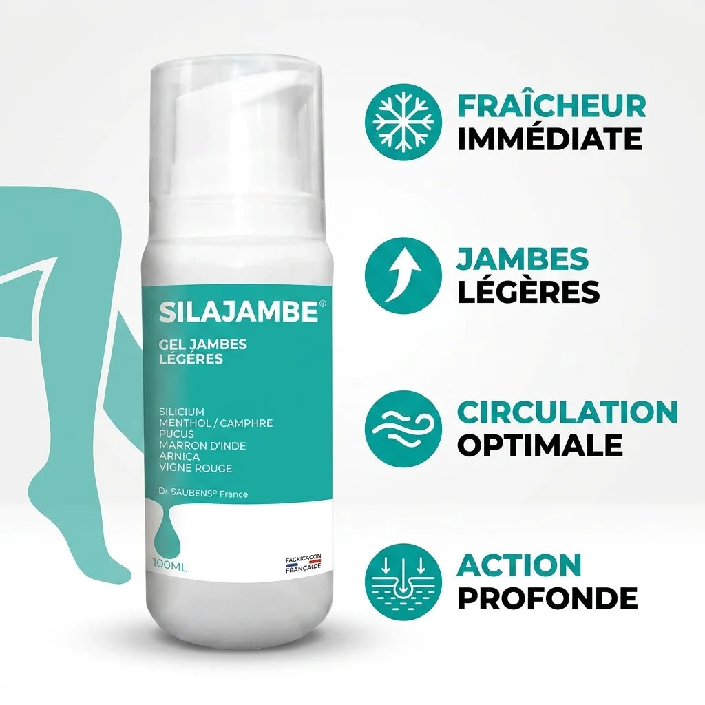 Silajambe gel en flacon avec ses 4 bénéfices : fraîcheur, jambes légères, circulation et action profonde