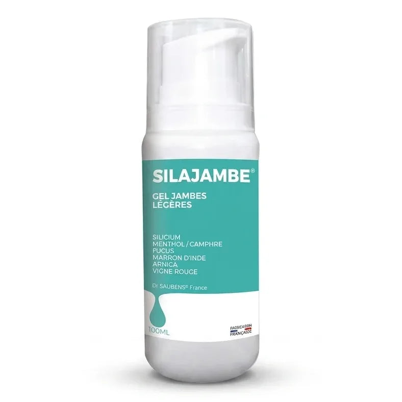 Flacon pompe Silajambe gel avec étiquette teal sur fond blanc studio