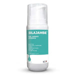 Flacon pompe Silajambe gel avec étiquette teal sur fond blanc studio