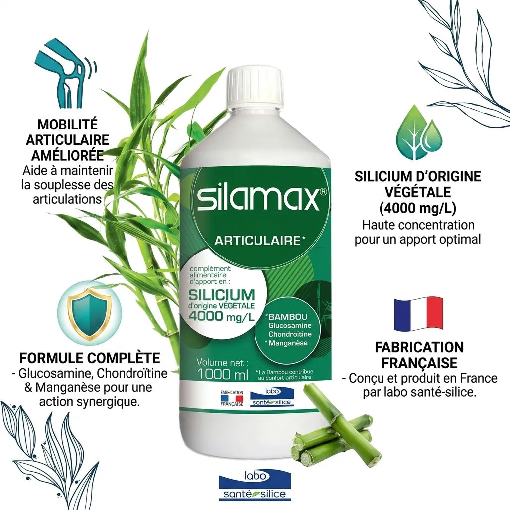 SILAMAX® Articulaire en bouteille avec bénéfices: mobilité, silicium végétal, glucosamine, fabrication française