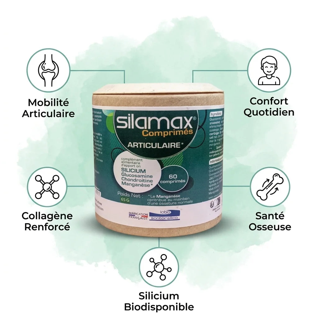 SILAMAX comprimés - Emballage avec 5 bénéfices : mobilité, collagène, confort, silicium, santé osseuse