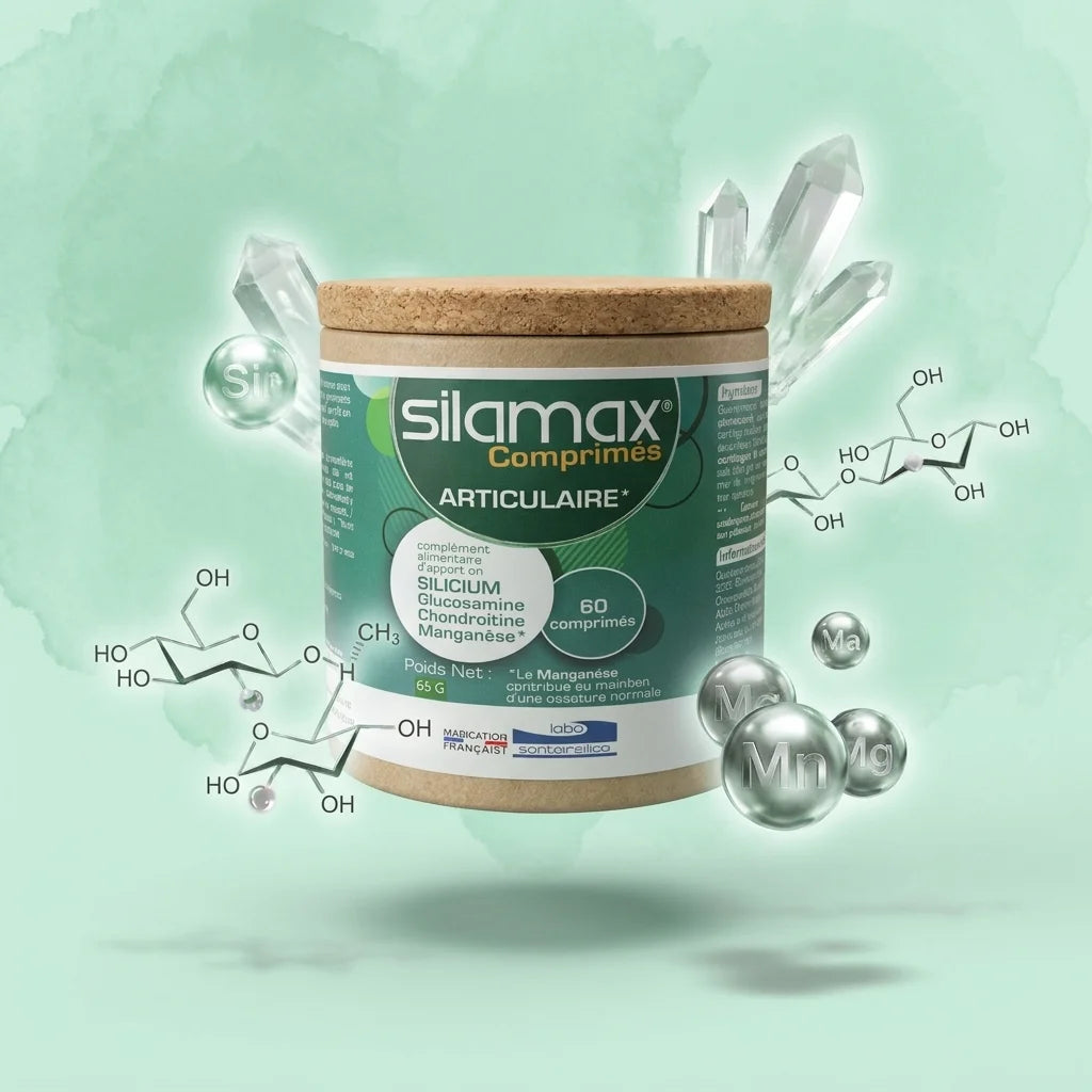 Pot de SILAMAX en comprimés avec ingrédients botaniques et éléments actifs en 3D
