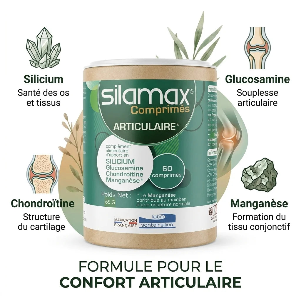Bouteille SILAMAX comprimés avec ingrédients silicium, glucosamine, chondroïtine et manganèse pour confort articulaire