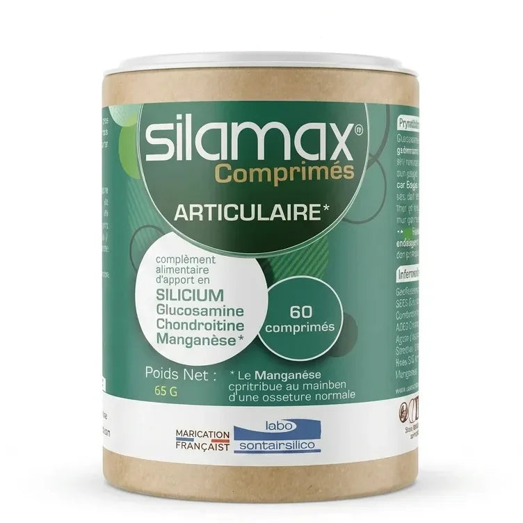 Pot de comprimés SILAMAX vert et beige sur fond blanc, vue de face