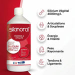 SILANORAL bouteille avec infographie des 5 bénéfices : silicium végétal, articulations, énergie, peau, tendons