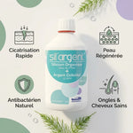 Sil'Argent® antiseptique avec infographie des bénéfices: cicatrisation, régénération peau, antibactérien naturel, ongles cheveux