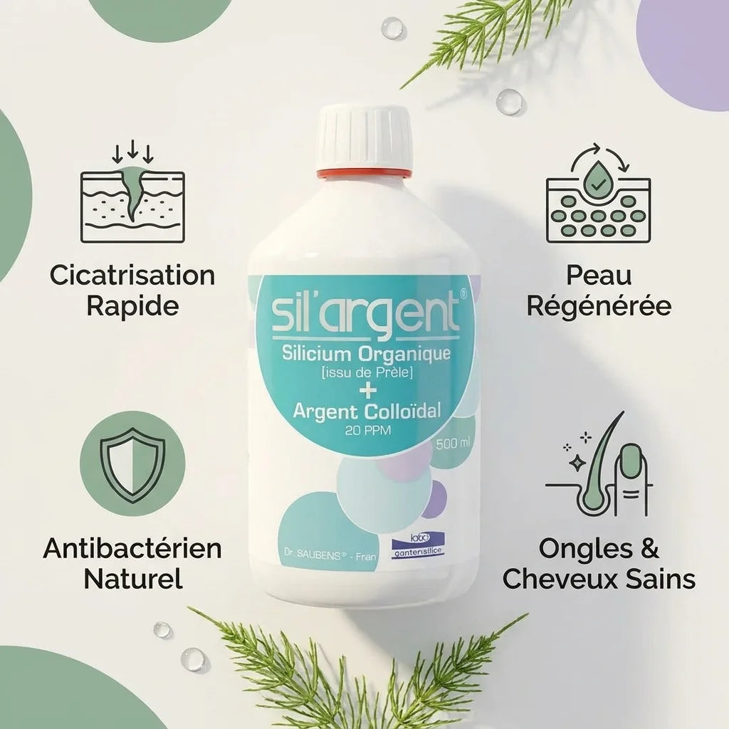 Sil'Argent® antiseptique avec infographie des bénéfices: cicatrisation, régénération peau, antibactérien naturel, ongles cheveux
