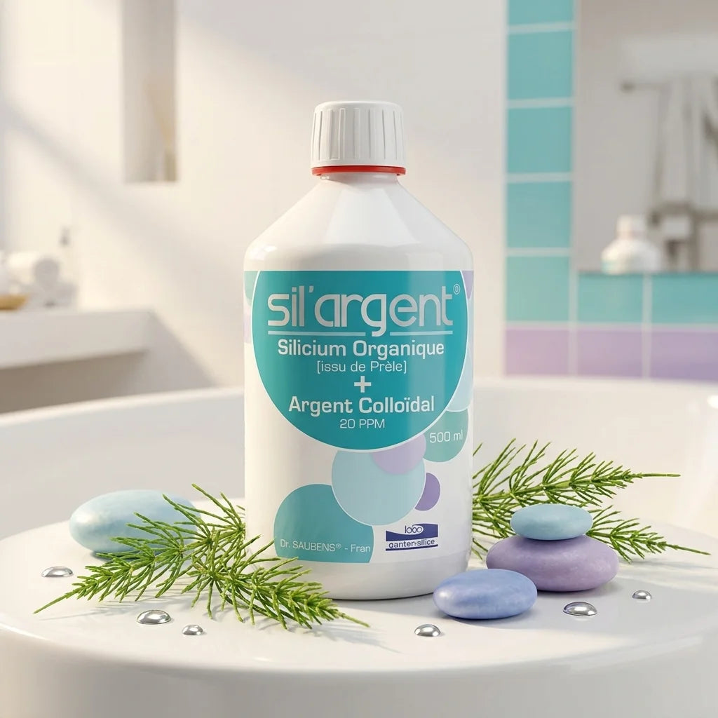 Flacon Sil'Argent silicium organique et argent colloïdal dans un environnement spa wellness