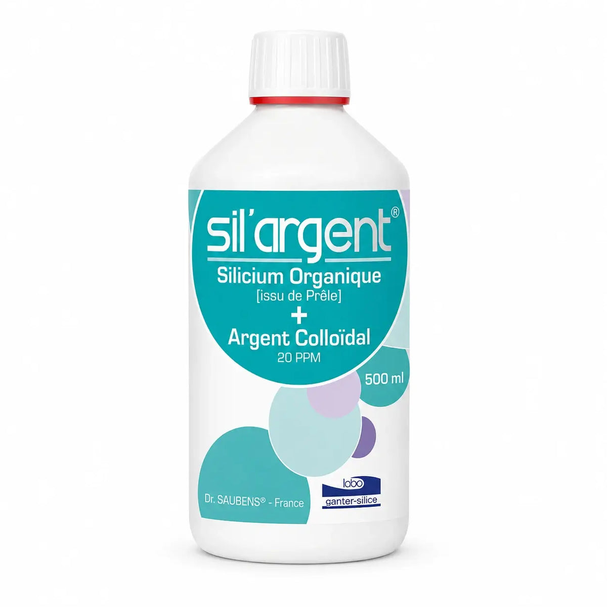 Flacon Sil'Argent silicium organique et argent colloïdal, bouchon blanc et étiquette dégradée
