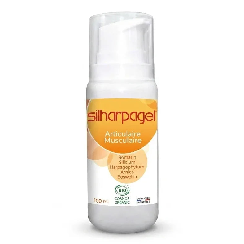 Silharpagel certifié bio en flacon avec pompe doseur sur fond blanc