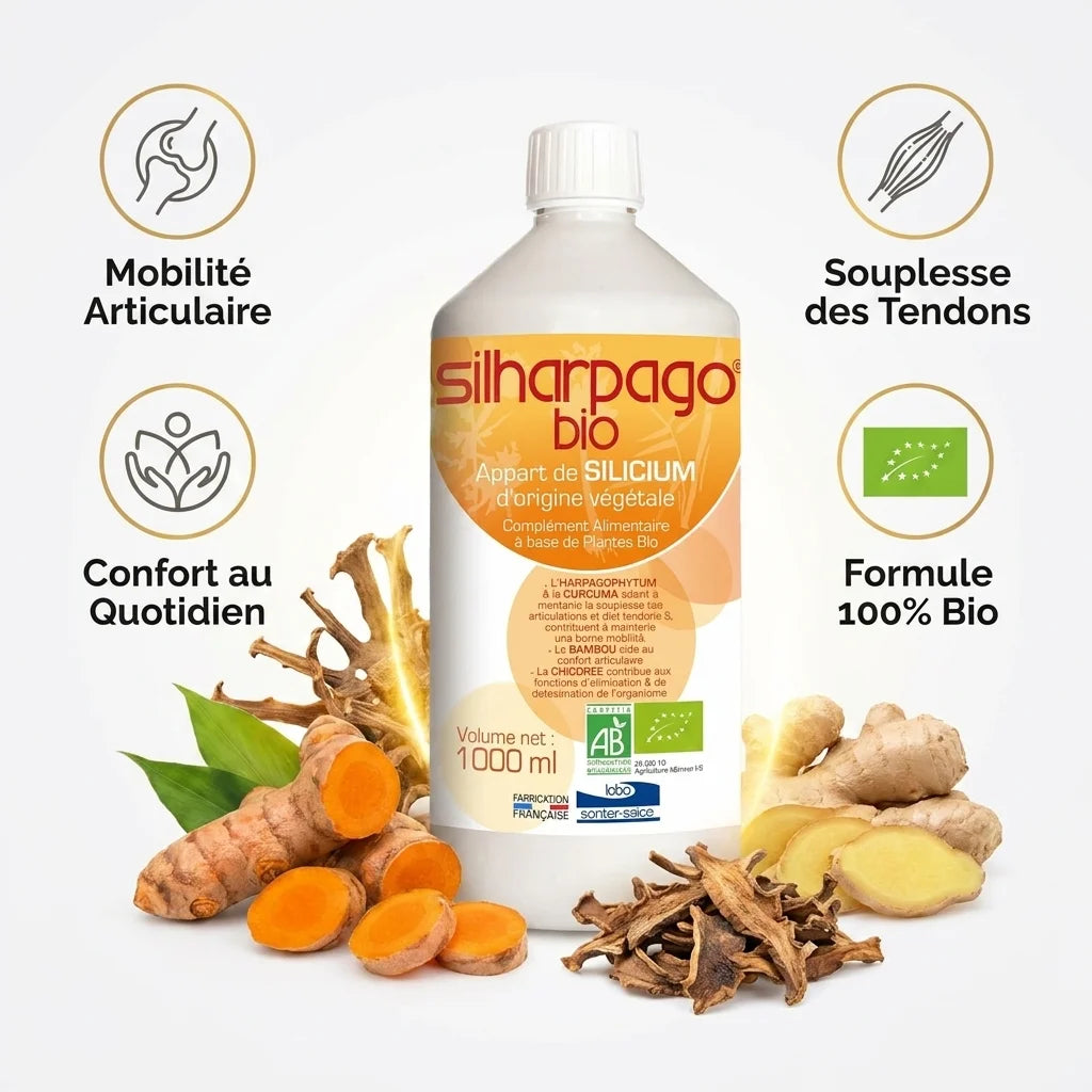 Silharpago Bio flacon avec bénéfices : mobilité articulaire, souplesse tendons, confort quotidien, formule 100% bio