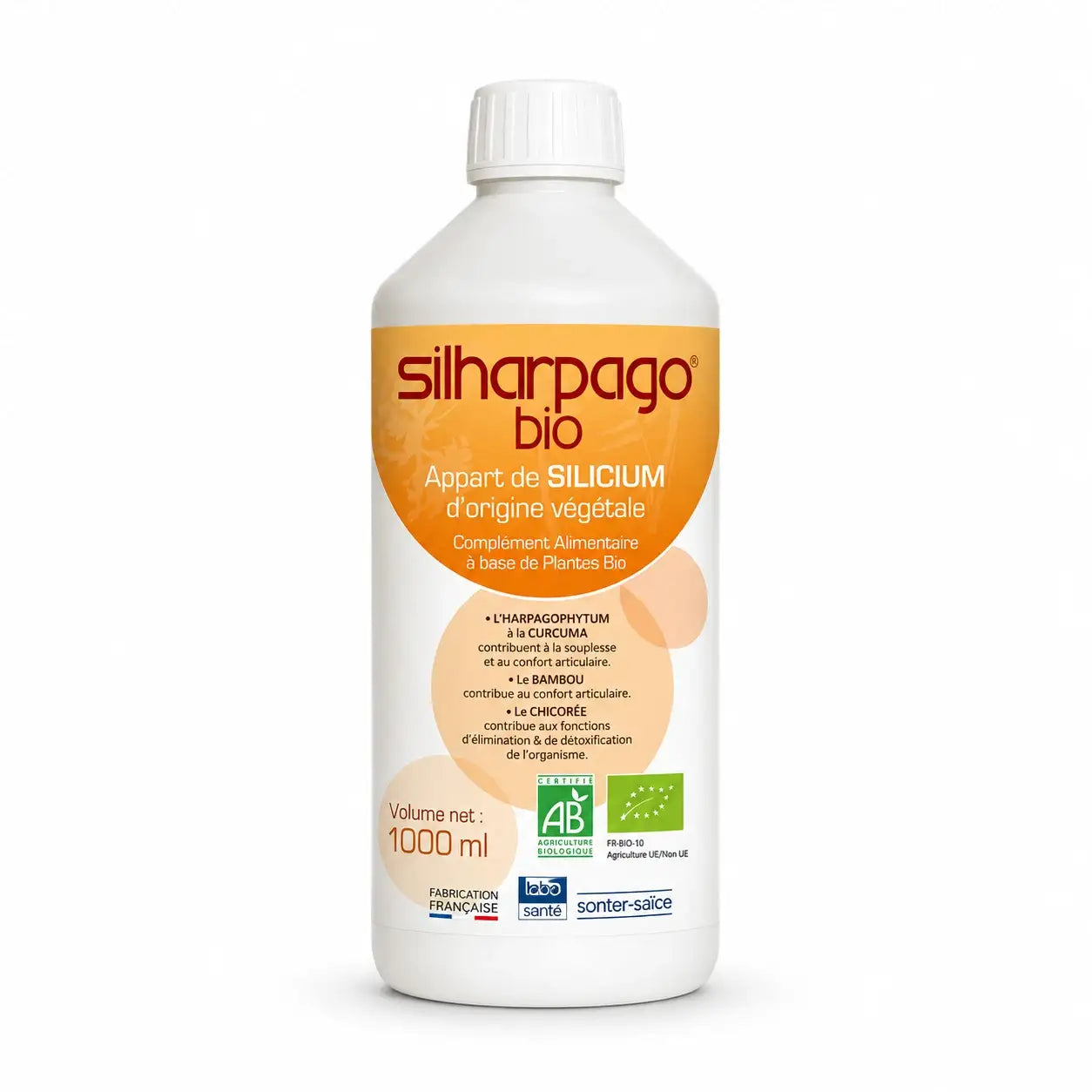 Flacon Silharpago Bio complément alimentaire liquide étiquette orange sur fond blanc