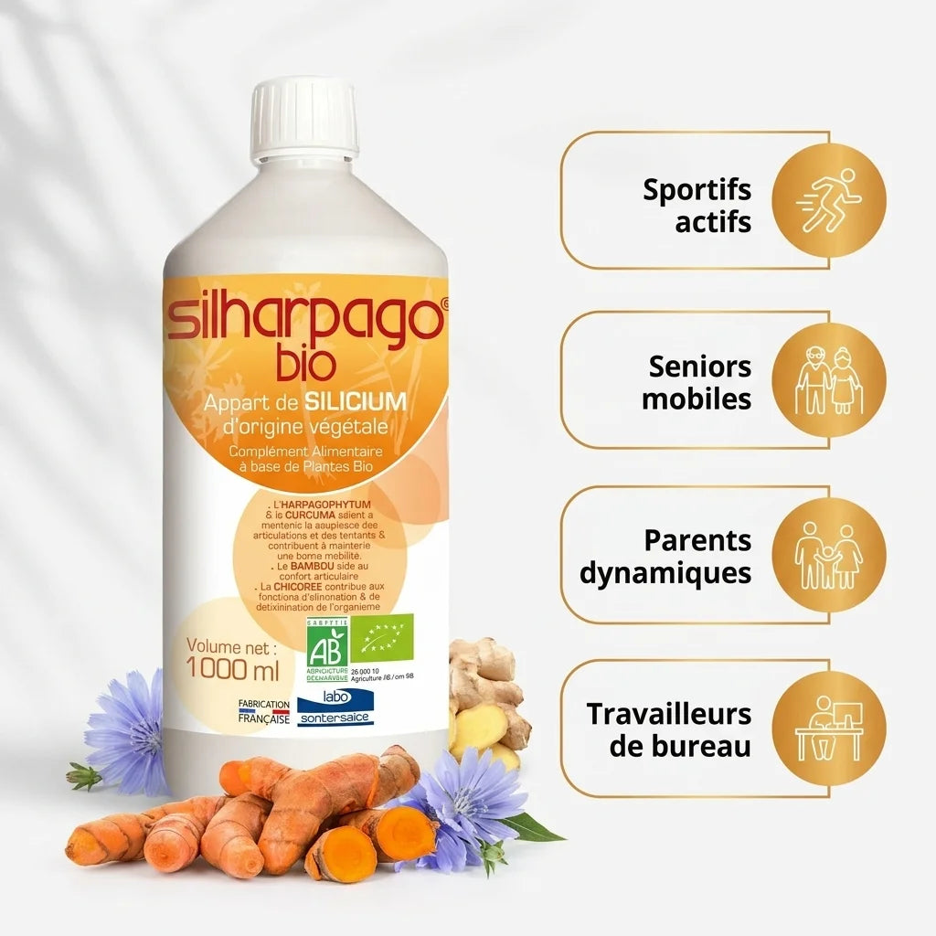 Flacon Silharpago Bio 1000ml avec ingrédients naturels et icônes cibles: sportifs, seniors, parents, travailleurs