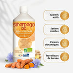 Flacon Silharpago Bio 1000ml avec ingrédients naturels et icônes cibles: sportifs, seniors, parents, travailleurs