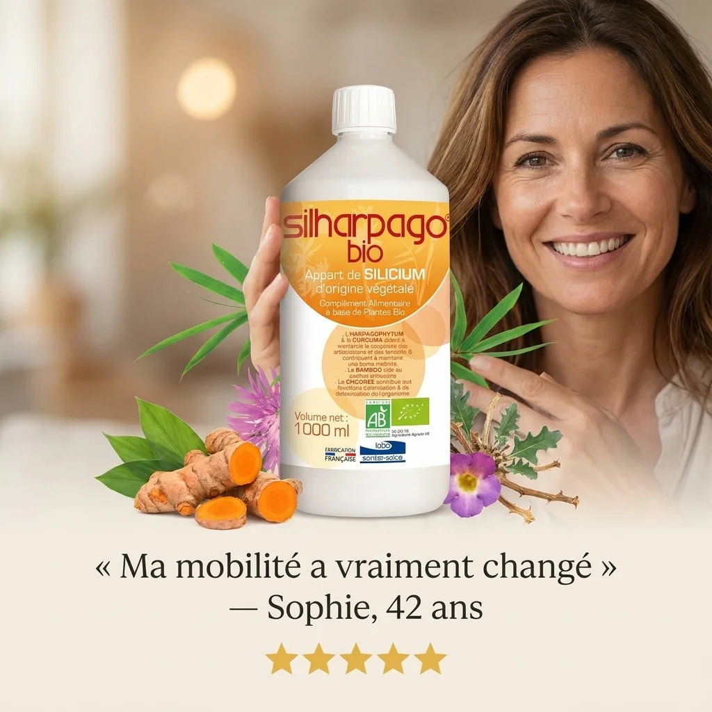 Silharpago Bio 1000ml avec témoignage client Sophie et ingrédients naturels curcuma