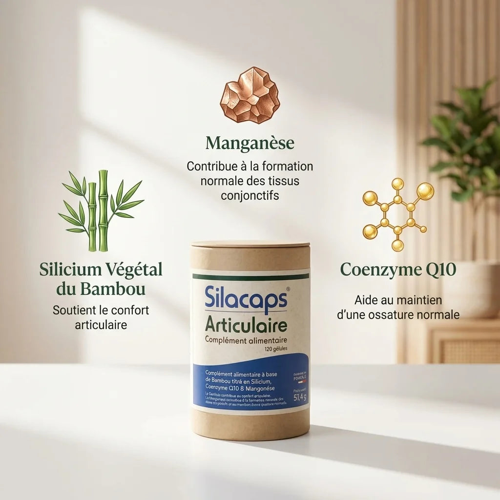 Silicaps Articulaire gélules avec silicium bambou, manganèse et coenzyme Q10 sur fond blanc