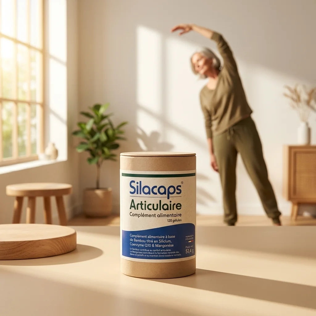 Silicaps Articulaire gélules avec personne active en étirement, lumière naturelle