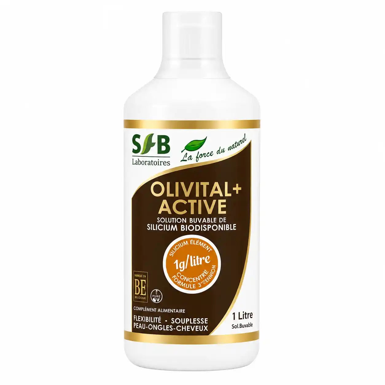 Bouteille Olivital+ Silicium actif SFB 1L sur fond blanc, boisson santé