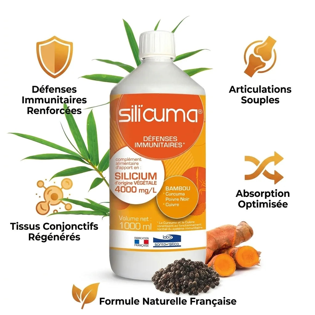 SILI'CUMA en bouteille avec bénéfices : défenses immunitaires, articulations, tissus conjonctifs