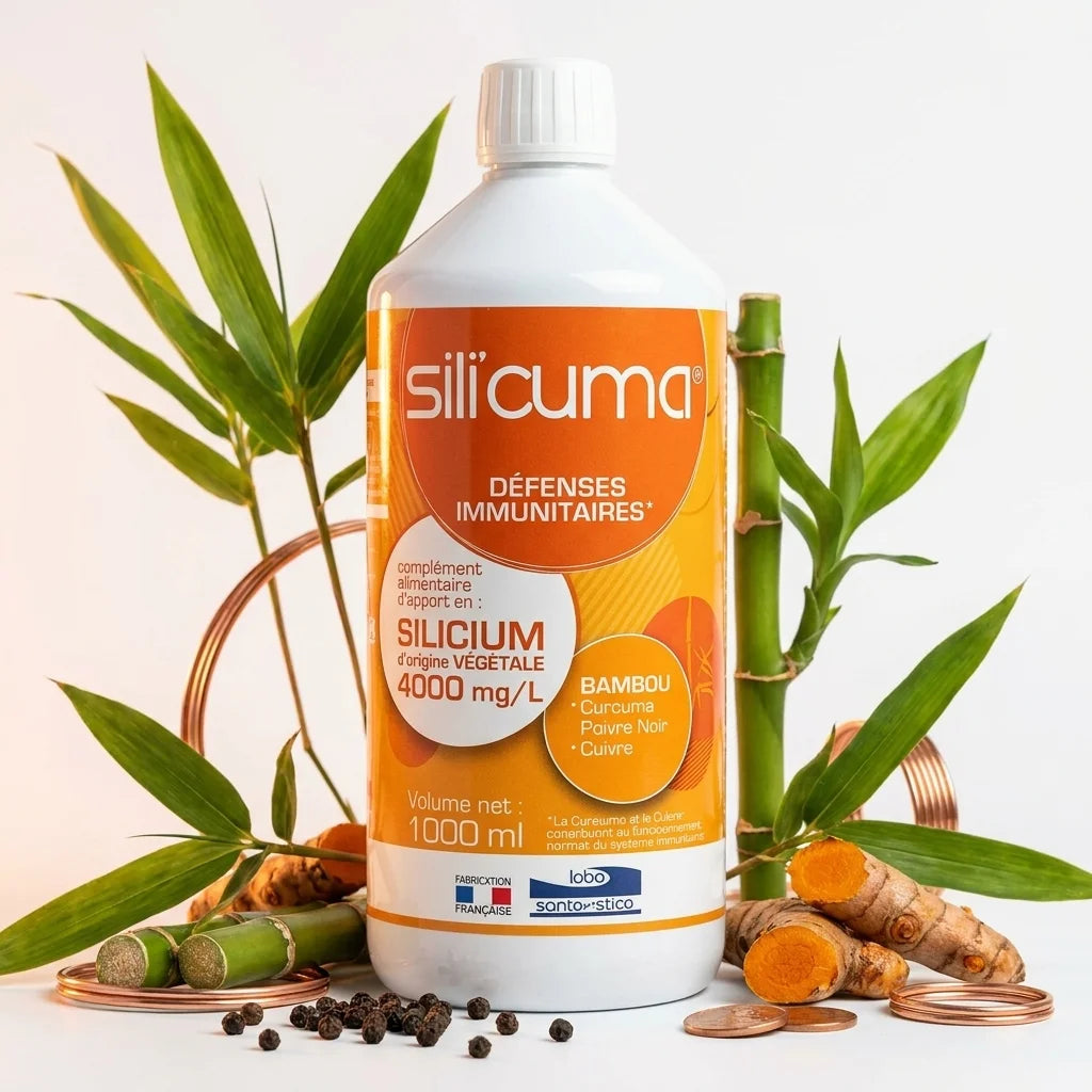 Bouteille SILI'CUMA entourée de curcuma, poivre noir et bambou sur fond blanc