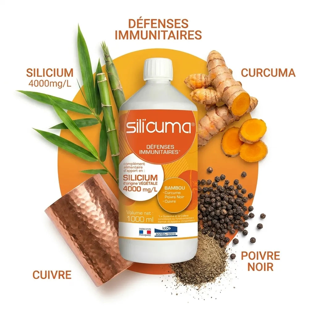 Bouteille SILI'CUMA avec silicium, curcuma, poivre noir et cuivre pour les défenses immunitaires