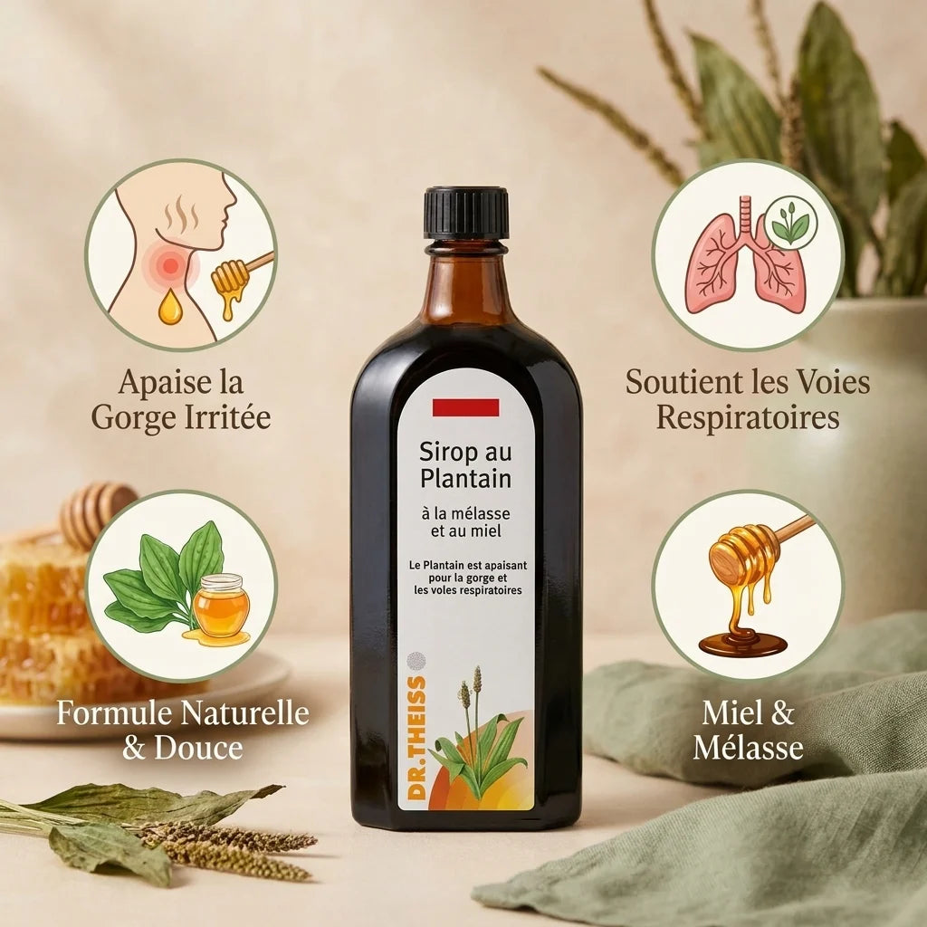 Sirop au Plantain Dr. Theiss avec ses 4 bénéfices pour la gorge et les voies respiratoires