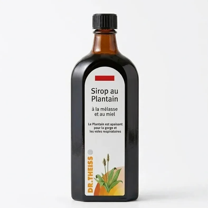 Bouteille de Sirop au Plantain Dr. Theiss en verre ambré avec étiquette botanique