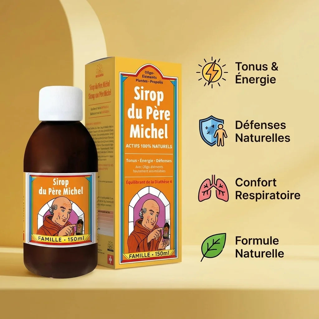 Sirop du Père Michel Bioligo avec infographie des 4 bénéfices : énergie, défenses, respiration, formule naturelle