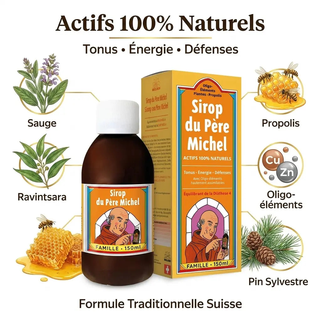 Sirop du Père Michel Bioligo bouteille avec ingrédients naturels sauge propolis ravintsara