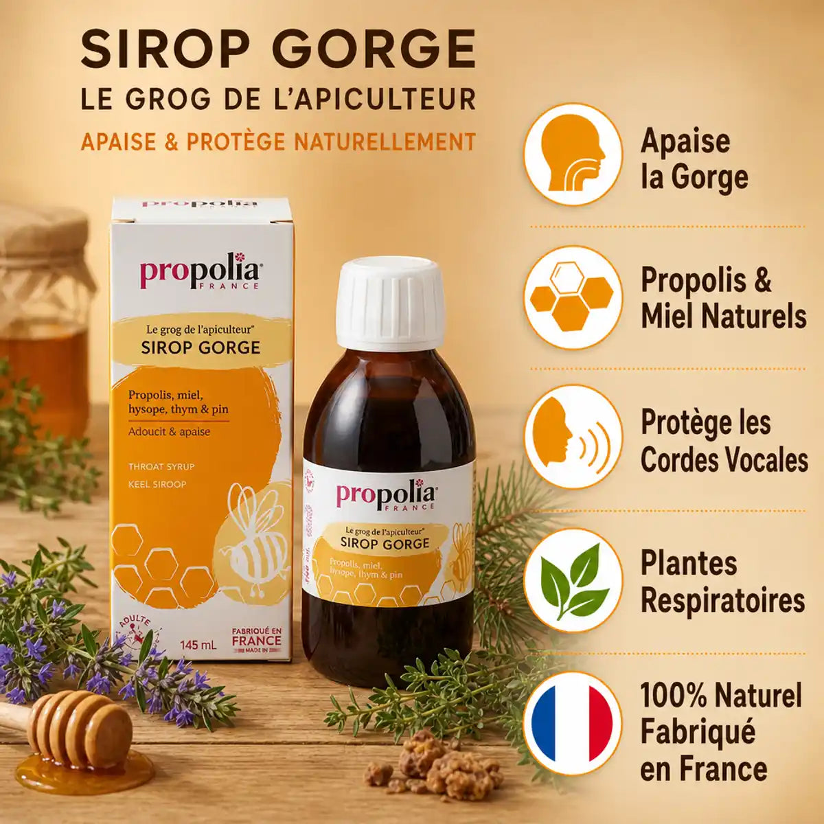 Sirop Propolia Propolis Miel Citron - Gorge, cordes vocales, plantes respiratoires naturelles